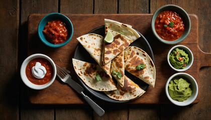 Wall Mural - An overhead view of a freshly cooked vegetable quesadilla sliced into wedges, arranged neatly on a weathered wooden board, with small bowls of salsa, guacamole, and sour cream placed alongside for dip