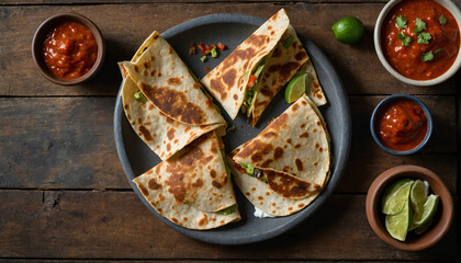 Wall Mural - An overhead view of a freshly cooked vegetable quesadilla sliced into wedges, arranged neatly on a weathered wooden board, with small bowls of salsa, guacamole, and sour cream placed alongside for dip