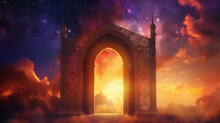 Islamic Ramadan Greetings With Ornamental Door And Galaxy Sky Background