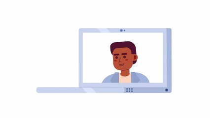 Poster - Laptop with black woman video call 2D object animation. Online meeting on notebook flat cartoon 4K video, transparent alpha channel. Virtual meeting. Teleconference animated element on white