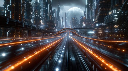 Fototapete - a sci-fi city scene at street level. the roads are black and shiny with lighting. generative ai.