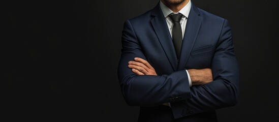 Wall Mural - Confident businessman in elegant suit and tie standing with arms crossed