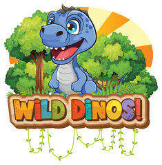 Poster - Happy blue dinosaur with a vibrant forest backdrop