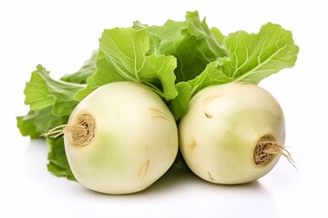 Wall Mural - Tasty and useful. Fresh kohlrabi with green leaves isolated on white background. full depth of field