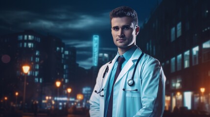 Aufkleber - A handsome young man is a doctor on a blurred background of a night city with a copy space. Hospital, healthcare, pandemic and treatment concepts.