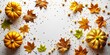 Composition of leaves, golden pumpkins and placers of confetti stars. Autumn or thanksgiving day background
