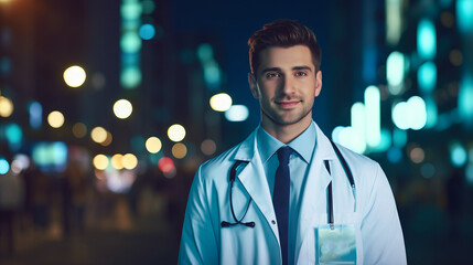 Aufkleber - Portrait of a handsome young male Doctor on a blurred background of a night city with a copy space. Hospital, healthcare, pandemic and treatment concepts.