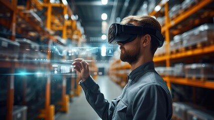Wall Mural - Engineer using smart glasses, Future virtual reality technology for innovative VR warehouse management. Concept of smart technology for automated logistic control. Generative AI.