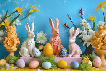 Wall Mural - Easter decorative figures. rabbits and eggs on a bright blue background with yellow flowers