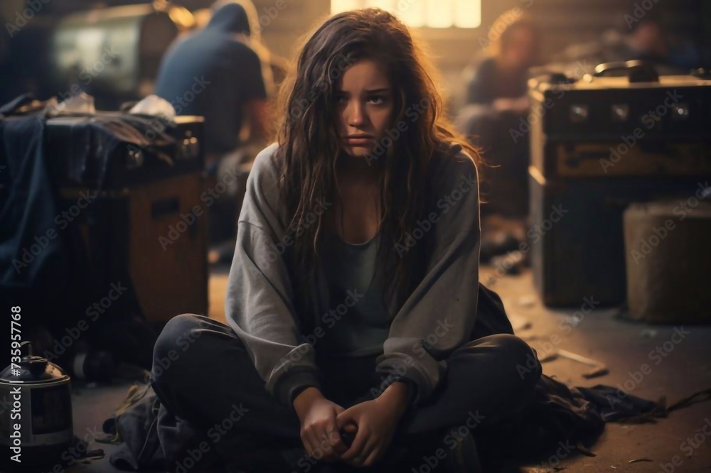 Photo Stock Sad teenage girl sitting on the floor while hand is ...