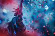
statue of liberty on a blurred background of red and blue confetti.