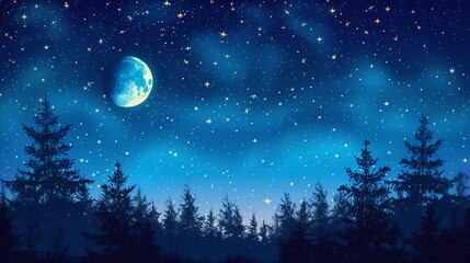 beautiful night sky with moon and stars over dark landscape