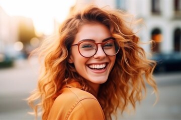 Wall Mural - Charming and beautiful woman in glasses with a cheerful smile on the street in summer, spring, autumn