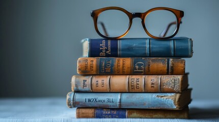 Poster - Stack of books on a white background. Glasses on top book. Idea for World Book Day. Holder with empty card. Copy space.