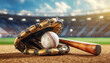 Closeup of a leather baseball glove, baseball ball and baseball bat on a baseball field with blurred stadium in the background. Generative Ai.