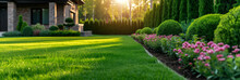 Perfect Manicured Lawn And Flowerbed With Shrubs In Sunshine, On A Backdrop Of Residential House Backyard.