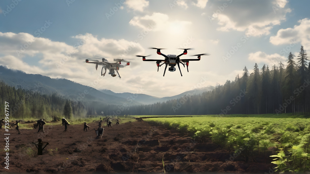 A scene of AI-powered drones planting trees in deforested areas ...