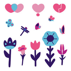  Spring set of illustrations. Design of cards, congratulations, invitations. Love, hearts, flowers and insects. Flat, minimalistic. Isolated objects on a white background.