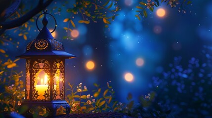 Ramadan Kareem greeting card with glowing Arabic lantern and candle at night with copy space