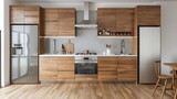 Fototapeta  - Modern kitchen interior with wooden cabinets and stainless steel appliances.