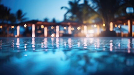 Blur light of bar or pub reflection on blue water swimming pool, summer party