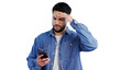 Stress, phone and man confused by glitch 404 or poor reception on isolated, transparent or png background. Anxiety, fear or person with smartphone fail, disaster or social media hacker notification