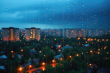 Wall Mural - Panoramic window showing a view of a night time city lit up with lights and rainy professional photography