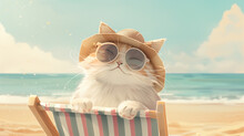 Fluffy Cat Lounging On A Beach Towel, Wearing Stylish Sunglasses, Under A Bright Summer Sun.