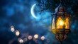 Ramadan Kareem - beautiful night scene with crescent moon, traditional lantern, and bokeh effect - celebration of Eid ul Fitr
