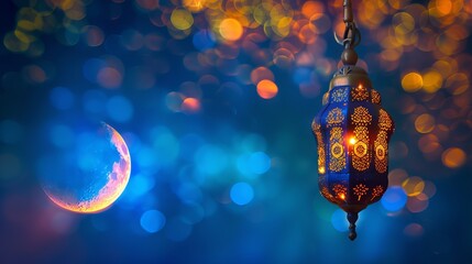 Wall Mural - Ramadan Kareem - beautiful night scene with crescent moon, traditional lantern, and sparkling lights - celebration of Eid Ul Fitr