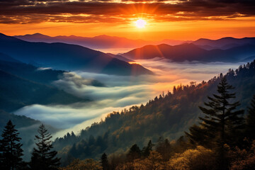 Wall Mural - sunset in smoky fog mountains