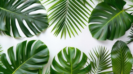 Wall Mural - Different tropical leaves on white background