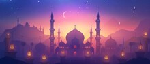 Ramadan Kareem Greeting Card With Golden Mosque And Colorful Lanterns On Dark Background