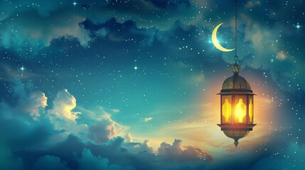 Wall Mural - Ramadan Kareem - beautiful night scene with crescent moon, traditional lantern, and bokeh effect - celebration of Eid ul Fitr