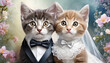 deux chatons mignons en tenue de marié et mariée pour leur mariage, avec costume et robe pour la célébration, sur fond flou