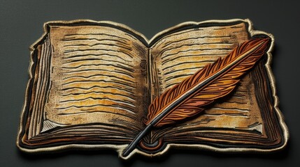 An inviting image of an open book on aged parchment, with a finely crafted quill and patch design. Warm colors and intricate details celebrate the joy of storytelling and the world of literature. A s