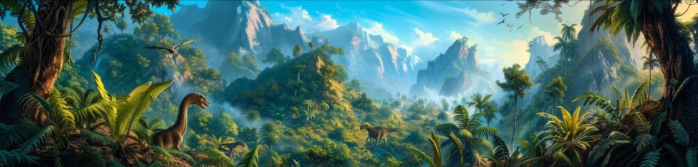 Wall Mural - A lush Cretaceous landscape, where towering dinosaurs roam among giant ferns and cycads, a vibrant tableau alive with the sounds and colors of prehistoric Earth,