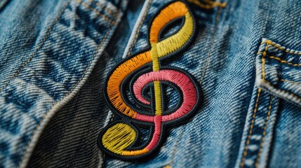 vibrant, intricately embroidered music note patch on a trendy denim jacket. a stylish fashion access