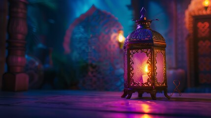 Wall Mural - Ramadan Kareem greeting card with glowing Arabic lantern and candle at night with copy space