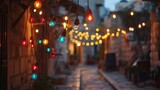 Fototapeta Londyn - Colorful Ramadan lanterns and lights in street. Festive greeting card for the holy month of fasting and celebration.
