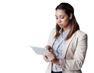 Poster - Business woman, tablet and typing for research, communication or networking on a transparent PNG background. Young female person or employee reading on technology for online search, internet or web
