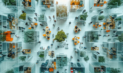 Aerial view of a bustling city intersection with pedestrians and vehicles, highlighted by a green tree at the center.