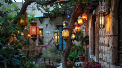 Wall Mural - Traditional Ramadan lanterns in a cozy courtyard with stone walls and blooming flowers