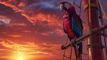 Vibrant Parrot Pirate Perched On Ship's Mast Against A Dramatic Sunset Backdrop. Detailed And Hyper-realistic Feathers In Deep Crimson, Royal Purple, And Electric Blue