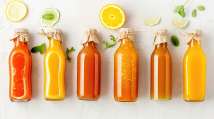 Wall Mural - This image features a line of colorful bottles containing different types of fruit juice, each bottle garnished with a piece of fruit or herb, laid out on a pristine white surface.