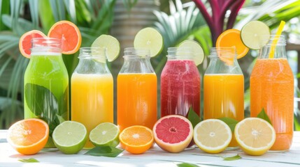 Wall Mural - This image features a line of colorful bottles containing different types of fruit juice, each bottle garnished with a piece of fruit or herb, laid out on a pristine white surface.