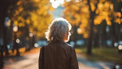 Wall Mural - Back view of a beautiful young woman with blond hair walking in the autumn park