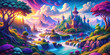 Bright fairytale landscape with castle, mountains and waterfalls for wallpaper