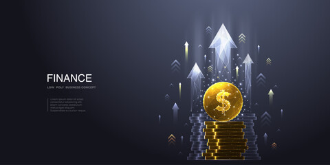 Fototapete - Abstract digital gold dollar coin and money stack with growth arrows up on technology background. Money profit. Economy and finance. Increase revenue concept. Low poly wireframe vector illustration.