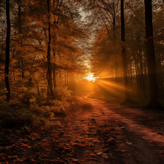 Wall Mural - autumn forest with sun rays